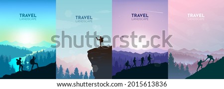Man watches nature, climbing to top, friends going hike, support of friends. Landscapes set. Travel concept of discovering, exploring, observing nature. Hiking. Adventure tourism. Vector illustration