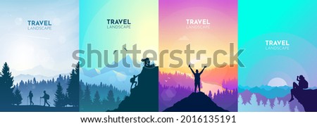 Girl watches nature, climbing to the top, friends going hike, teamwork, support of friends. Landscapes set. Travel concept of discovering, exploring, observing nature. Hiking. Adventure tourism.