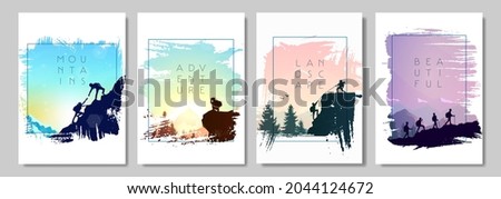 Travel concept of discovering, exploring, observing nature. Hiking. Adventure tourism. A man watches nature, climbing, friends going hike, teamwork, support of friends. Landscapes vector poster set 