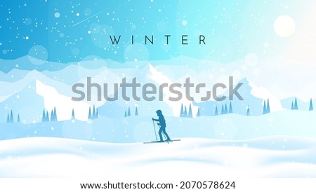 Winter landscape. Skiing in the mountains. Adventures, hiking, tourism, outdoor sports. Travel concept of discovering, exploring.  Minimalist polygonal flat design graphic poster. Vector illustration