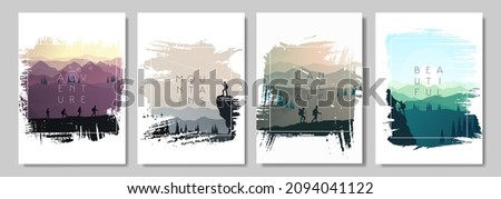 Abstract landscape. Frames set. Minimalist style. Flat design. Travel concept of discovering, exploring, observing nature. Hiking. Adventure tourism. Banners set with polygonal landscapes illustration