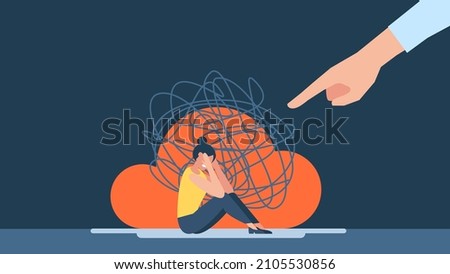 Harassment in the family, at work. Violence, bullying, intimidation. Woman with anxiety touch head. Frustrated girl with nervous problem feel anxiety, confusion of thoughts. Vector flat illustration. 