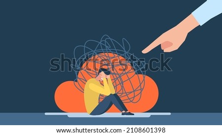 Violence, bullying, intimidation. Man with anxiety touch head. Harassment in the family, at work. Frustrated guy with nervous problem feel anxiety, confusion of thoughts. Vector flat illustration.  Foto d'archivio © 