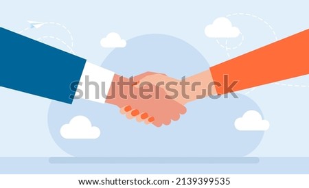 Handshake men and women. Hand shaking meeting agreement. Handshake of business people partners businessmen and businesswomen. Women's and men's hands. Vector flat style illustration. 