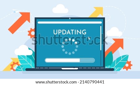 Software update or operating system. Updating progress bar. Installing app patch. Upgrade to keep the device up to date with added functionality in the new version. Flat design. Vector illustration.