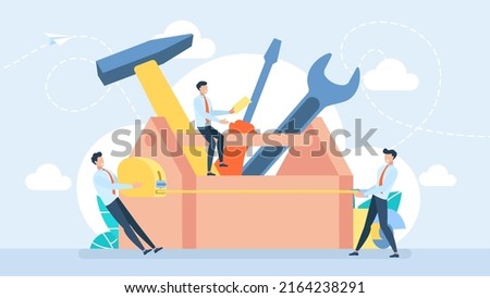 Tiny characters use the tool. Workman's toolkit. Toolbox with instruments inside. Tool chest with hand tools. Set building tools repair. Hammer, screwdriver, tape measure. Vector business illustration