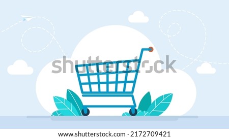 Supermarket shopping cart. Delivery from a store, shop. Grocery shopping cart on white. Empty supermarket food basket. E-commerce landing page. Internet marketing. Business flat vector illustration.