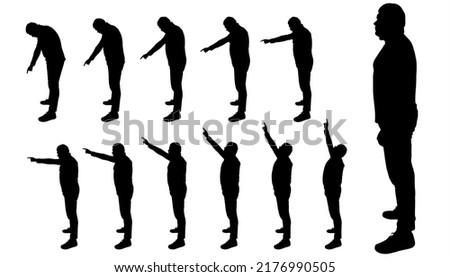 The person stands straight, sideways, slowly begins to raise one hand up, or slowly lowers his hand down. Character for motion animation. Side view. Twelve black male silhouettes isolated on white