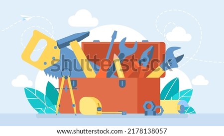 Workman's toolkit. Red toolbox with instruments inside. Tool chest with hand tools. Metal workbox in flat style. Set building tools repair. Hammer, screwdriver, saw, pliers, pencil, dividers. Vector