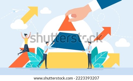 Tiny characters build business blocks from three parts. Hand puts part structure. Orderly system, structure. Conceptual planning, teamwork, business support, building. Vector illustration. Flat design