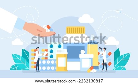 Medical personnel prescribe treatment. Medicines on hand. Rx medical prescription. The doctor prescribes a recipe, disease therapy pills, and painkiller drugs. Pharmacy control. Vector illustration