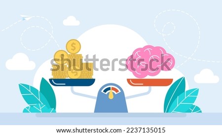 Brain and money on the scale. Mental health concept. Idea and money stack balance on libra. Mechanism to compare value of brainwork and money on scales. Idea is money concept. Vector illustration