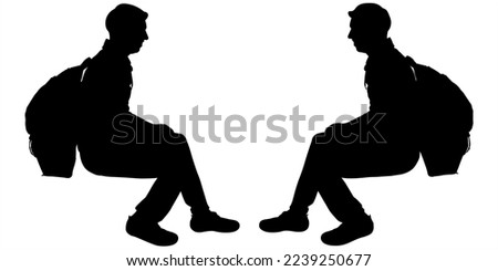 Men tourists sit opposite each other. Chatting tourists. Hiking. Hiking tourist. The guy with a backpack behind his back sat down, resting. Side view, profile. Two black silhouettes isolated on white