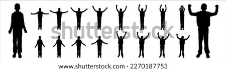 Teenage boy with arms raised high. A boy is happy. A boy raised his hands or lowered his hands. Sport. Physical exercise. Looking at the camera. Teenager's silhouettes in black color isolated on white