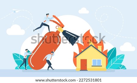 A burning house is being extinguished from extinguisher. Fireman team put out a house fire. Firefighter using fire extinguisher for fire fighting burning house. Department rescuer. Vector illustration