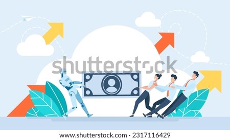 Competition of artificial intelligence with humans. Robot takes away work and money from workers. People team tug money of war battle with robot. Human vs cyborg competition. Vector illustration