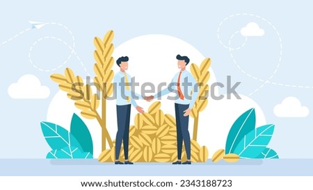 Businessmen shake hands. Meeting business transaction of sale crops. Conclusion of the agreement. Grain deal. Buy grain. Agricultural income concept. Exchange deal. Agribusiness. Vector illustration