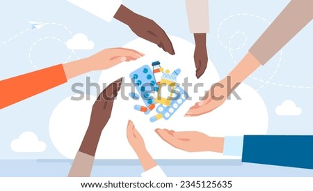 People reach for pills, еablets, capsules, medicines with their hands. Availability of medicines for people of different wealth. Treatment, medication, medical, pharmacy medicine. Vector illustration