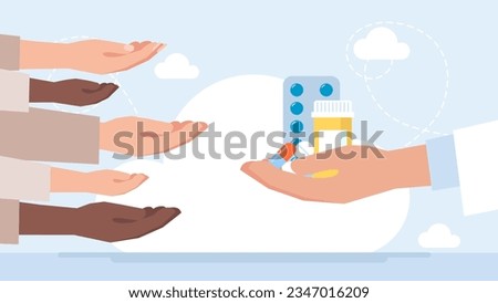 People reach for pills, еablets, capsules, medicines with their hands. Availability of medicines for poor people. Treatment, medication, medical, pharmacy medicine. Vector illustration