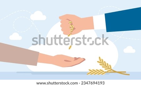 The concept of greed, avarice. A businessman holds grain in a handful and makes a stingy donation. A beggar asks for food. Vector Illustration