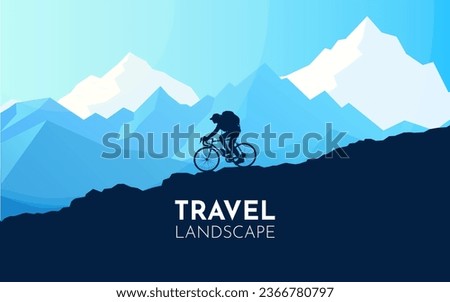Mountain biking. Silhouette of mountain female bike rider in wild nature landscape. Mountains, forest in background. Cyclist. Bicyclist, downhill, and off road cycling. Vector illustration 
