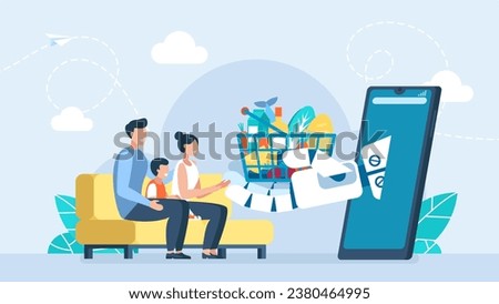 A family at home buys groceries through a mobile. Robot arm with supermarket basket. Making payments online, chatbot assistant, online support. Buyer product using web bot app. Vector illustration.