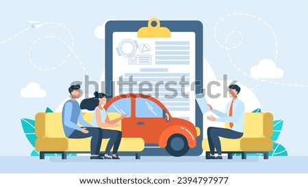 Buying or renting car. Car dealership abstract concept. Choosing  auto, buying vehicle from official dealer, transport leasing services, signing contract, automobile dealer salon. Vector illustration