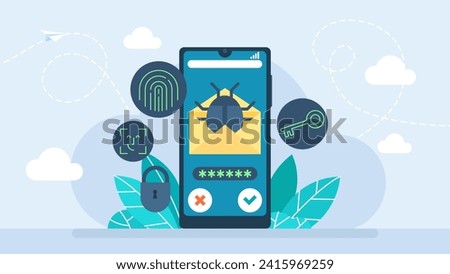 Email, envelope with bug. Virus, malware, email fraud, e-mail spam, phishing scam, hacker attack concept. Phone with alert, spam data, fraud error message, scam, virus. Vector illustration