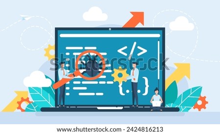 Testing software on laptop in search of bugs and virus. QA team finding, searching, looking for bugs, errors in program, system. Testers in Quality assurance department. Flat vector illustration