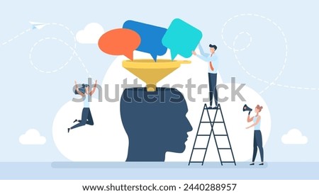 Thoughts enter the brain. Filtering different views and opinions of people. Training, education, tutoring. Businessman and woman with funnel filling a head with think bubbles. Vector illustration