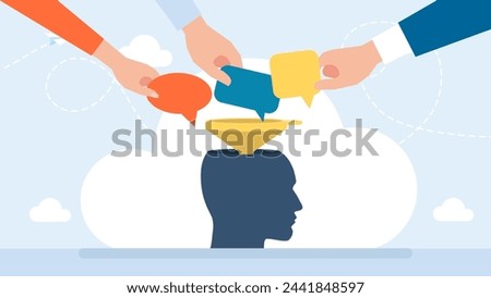 People's hands put their thoughts in an open head. Influence of views of the environment. Business people refilling a brain their things. Filling the brain with information. Vector illustration