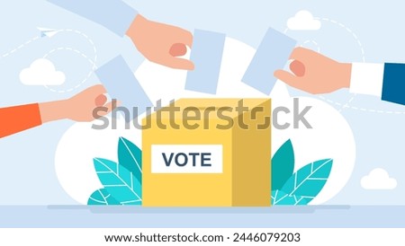 Voting concept. Hands putting paper in the ballot box. Vote ballot box. Group of people putting paper vote into the box. Election concept. Referendum and poll choice event. Vector illustration