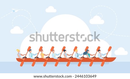 A large business team. Many people. Rowing teamwork. People group with paddle on boat canoe in river competing race, water sport team together at kayak rower athletes boating crew. Vector illustration