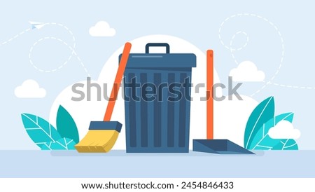 Trash can, broom, scoop. Recycle bin with dustpan and broom. Cleaning equipment trash can broom scoop on white background. Vector illustration