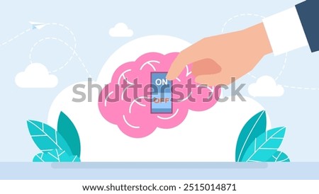 Brain power switch, off does not work, sleeps. Brain power switch, turned on working fine, awake. Switch off negative thinking concept. Flat business style modern design. Vector illustration. 