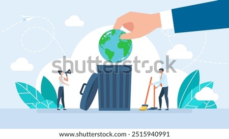 A man throws the planet earth into a dustbin. Land restoration, desertification and drought resilience. Ecology concept. World Environment Day. Tiny people clean up. Vector illustration