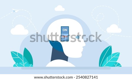 Head robot with power button. AI technology. Productivity and project management skills, multitasking and time management. Using artificial intelligence in future. Vector illustration