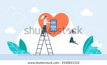 Heart with power button. Happy young man and woman. Smiling caring couple. Good relationships concept. Marriage agencies, event decoration, weddings and bridal shops. Flat vector illustration.