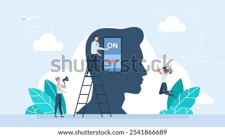 Brain power switch, turned on works fine, awake. Turn on brain to think, creativity and thought. Smart thinking  and mindset. Wisdom, knowledge concept. Mentorship. Vector illustration  