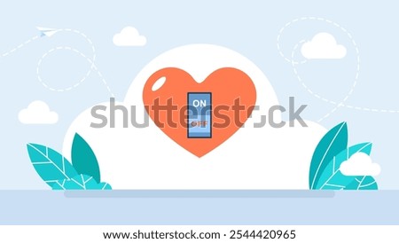 Shiny red heart with power button. Love or health concept. Feelings concept. Red heart silhouette with toggle switch between love and hate turned to love position. On off button. Vector illustration