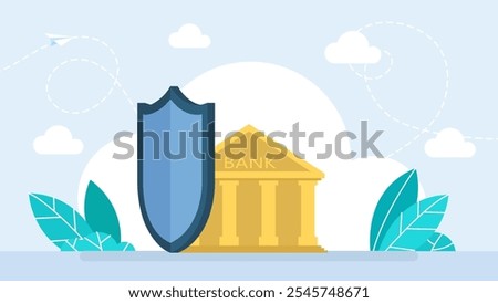 Bank building icon with security shield. Secured banking concept poster, bank building shield, safe operations, safe account armor shield locked and private. Vector illustration