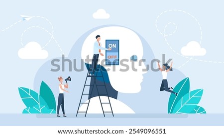 Artificial intelligence and machine learning concept. Head robot with power button. AI technology. Productivity and project management skills. Artificial intelligence in future. Vector illustration