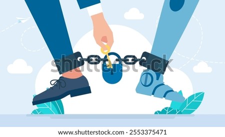 Concept of technology issue, cheating, reliance on AI. Man was freed from robot or chat bot addiction. Open shackles. Fighting technology and computer addiction. Social issues. Vector illustration