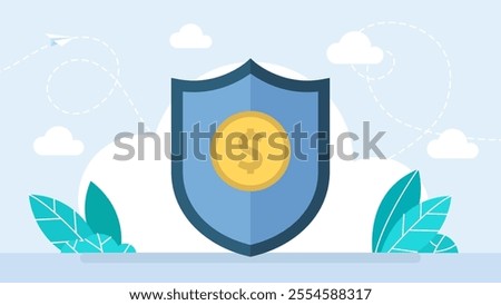 Insurance of deposits, savings. Shield Dollar Icon. Blue shield with Gold dollar sign. Money safety , insurance, business and finance concept. Cartoon minimal style. Vector illustration