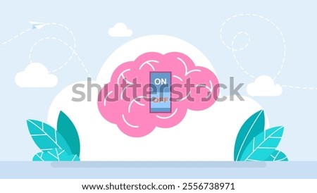 Reduce stress concept, stress management, turning off the switch in the human brain. Brain power switch, turned on working fine, awake. Switch off negative thinking concept. Vector illustration