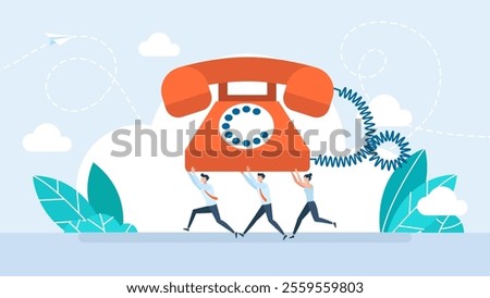 People are running and carrying an old phone. Urgent conversation. People rushing, run fast, go forward. Anxious characters quick meet deadlines. Business race. Vector illustration