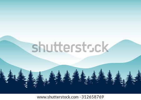 The abstract vector image. Panorama of mountain ridges with forest in the foreground. Background ridge with spruce forest in the foreground. Coniferous forest. Background. Landscape. Horizon.