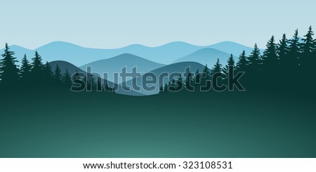 Abstract image of the forest receding into the distance of the pine trees on the background of green mountains in thick fog. dense forest mountains in the background.