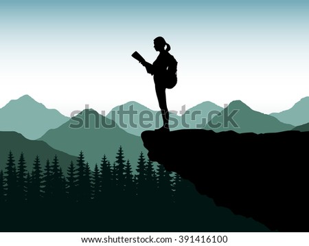 Silhouette of the tourist, climber of the girl, woman on the edge of a cliff of the stone with a backpack. The traveler costs on the edge of the mountain, a plumb and looks at a map or route. Vector.