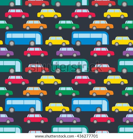 Seamless pattern with cars and buses on the road. Cute cartoon background with urban colorful transport. Green, blue buses. Red, yellow, green, purple, orange cars. Wrapping paper, wallpaper. Vector